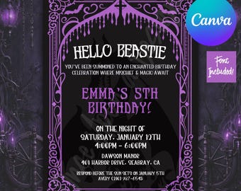 Invitación de cumpleaños de Disney Maléfica estilo gótico, diseño personalizado, plantilla editable de Canva Pro (5x7, fuentes incluidas)