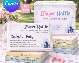 Tarjeta para sorteo de pañales y libros para bebé con temática del baby shower más feliz del mundo de Disney, plantilla editable de Canva Pro (3x5, fuente incluida).