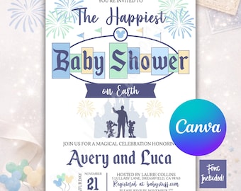 Invitación para baby shower "El más feliz del mundo" de Disney, plantilla editable de Canva Pro (5x7, azul, fuentes incluidas)