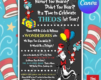 Invitación de cumpleaños del Gato con Sombrero del Dr. Seuss, plantilla editable de Canva Pro (5x7, fuente incluida)