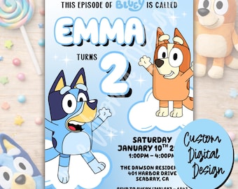 Invitación de cumpleaños de Bluey, diseño digital personalizado (5x7, azul)