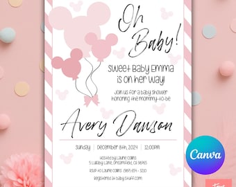 ¡Oh, bebé! Invitación para baby shower con globos de Disney, plantilla editable de Canva Pro (5x7, rosa, fuente incluida)