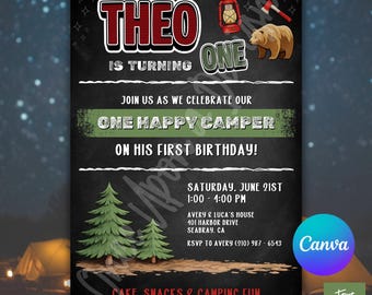 Invitación de cumpleaños "One Happy Camper", plantilla editable de Canva Pro (5x7, fuente incluida)