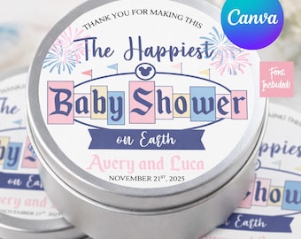 Pegatina de agradecimiento para el baby shower más feliz del mundo de Disney, plantilla editable de Canva Pro (redonda, rosa, fuente incluida)