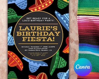 Invitación de cumpleaños colorida de Sombreros Fiesta, plantilla editable en Canva (5x7)