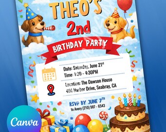 Invitación de cumpleaños con temática de cachorros, plantilla editable de Canva (5x7)