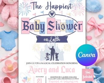 Invitación para baby shower "El más feliz del mundo" de Disney, plantilla editable de Canva Pro (5x7, rosa, fuentes incluidas)