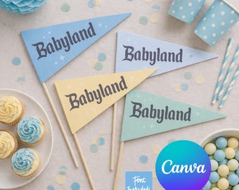 Banderines para centro de mesa de baby shower de Disney Babyland, plantilla editable de Canva (azul, archivo digital)