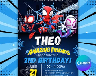 Invitación de cumpleaños de Spidey y sus increíbles amigos, plantilla editable de Canva (5x7)