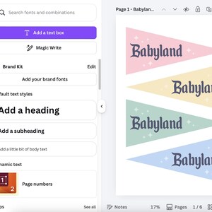 May include: A digital design interface with a text box and brand kit options. Four pennant flags in pink, yellow, green, and blue display the word "Babyland" in a decorative font. The interface includes options for adding text and headings.