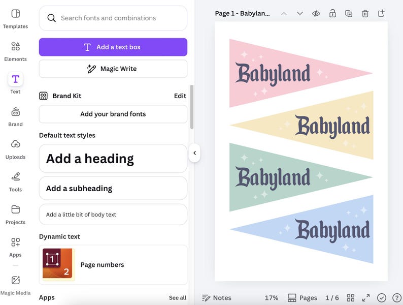 May include: A digital design interface with a text box and brand kit options. Four pennant flags in pink, yellow, green, and blue display the word "Babyland" in a decorative font. The interface includes options for adding text and headings.