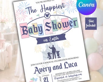 Colorful Disney Happiest Baby Shower on Earth Invitation, Editable Canva Pro Template (5x7, Fonts Included)