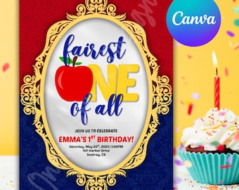 Invitación de cumpleaños de Blancanieves, la más bella de todas, primer cumpleaños, diseño personalizado, plantilla editable de Canva (5x7)