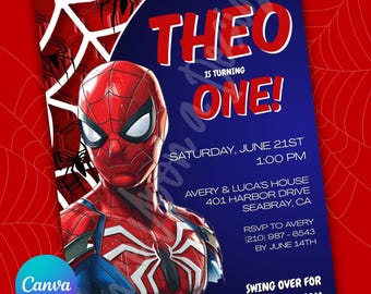 Invitación de cumpleaños de Spiderman, diseño personalizado, plantilla editable de Canva (5x7)