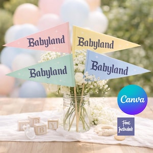 May include: Four pastel-colored pennant flags with the word "Babyland" in a decorative font. The flags are pink, yellow, mint green, and light blue. The flags are arranged in a vase of white flowers, with wooden blocks and a decorative item on the table.