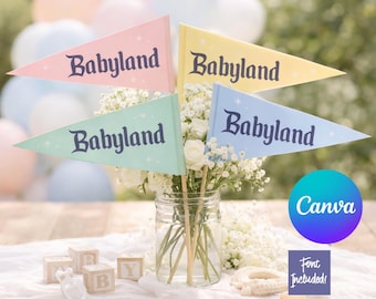 Banderines para centro de mesa de baby shower de Disney Babyland, plantilla editable de Canva (rosa, archivo digital)