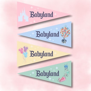 May include: Four pennant flags in pastel colors: pink, blue, yellow, and green. Each flag has the word "Babyland" in a decorative font. The pink flag features a castle, the blue flag has a house with balloons, the yellow flag has balloons, and the green flag has a whimsical illustration.