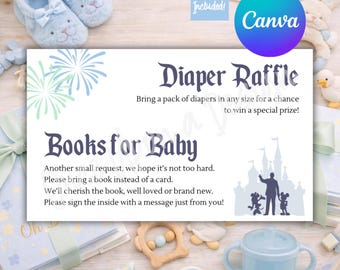 Tarjeta para sorteo de pañales y libros para bebé con temática del baby shower más feliz del mundo de Disney, plantilla editable de Canva Pro (3x5, azul, fuente incluida).
