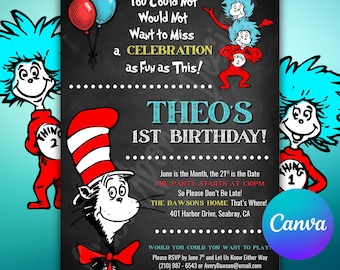 Invitación de cumpleaños del Gato con Sombrero del Dr. Seuss, plantilla editable de Canva (5x7)