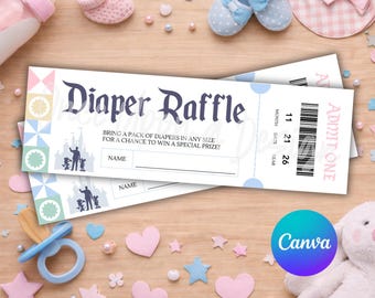 Boleto de rifa para baby shower "Happiest Baby Shower" de Disney, plantilla editable de Canva (8.5 x 2.75, rosa, archivo digital)