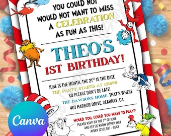 Invitación de cumpleaños con personajes del Dr. Seuss, plantilla editable de Canva (5x7)