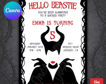 Invitación de cumpleaños de Maléfica de Disney, diseño personalizado, plantilla editable de Canva Pro (5x7, fuente incluida)