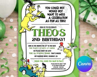 Green Eggs & Ham Birthday Invitation, Editable Canva Template (5x7)