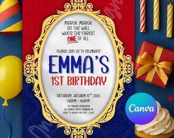 Invitación de cumpleaños de Blancanieves con diseño de espejo, espejo, primer cumpleaños, diseño personalizado, plantilla editable de Canva (5x7)