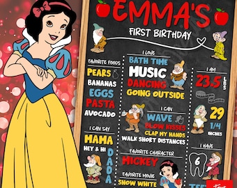 Póster de celebración del primer cumpleaños de Blancanieves de Disney, plantilla editable de Canva Pro (18x24, fuente incluida)