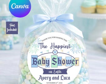 Pegatina de agradecimiento para el baby shower más feliz del mundo de Disney, plantilla editable de Canva Pro (redonda, azul, fuente incluida)