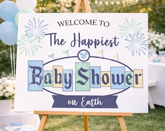 Póster de bienvenida para baby shower "Happiest Baby Shower" de Disney, descarga instantánea (24x36, azul)