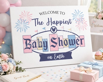 Póster de bienvenida para baby shower "Happiest Baby Shower" de Disney, descarga instantánea (24x36, rosa)