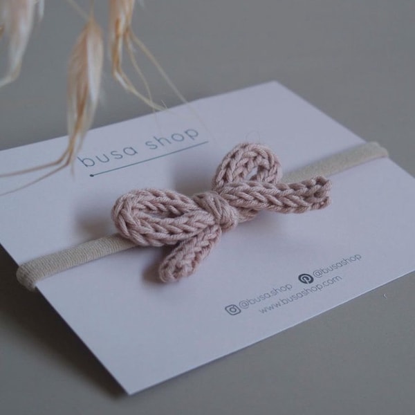 Knitted  Baby Hair Bow, hand woven with cotton cashmere wool in neutral tones, make with a one size nylon headband for little bohemians.