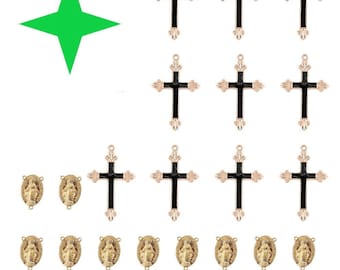 Rosary kit = Cross and rosary center in gold and dark green, cross 48x30x3 mm, Rosary center 23 x 14 mm, Hole 1 mm