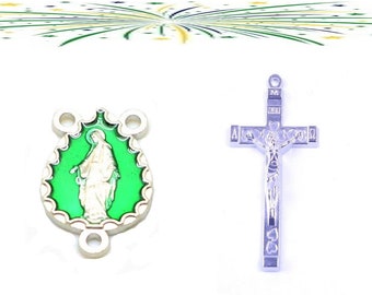 Kit Rosaries Email Green Zinc Alloy ,Crucifix 43 x 23 mm , Miraculous Virgin Rosary Center 21 x 14 mm Drop Shape Links 1,5 mm