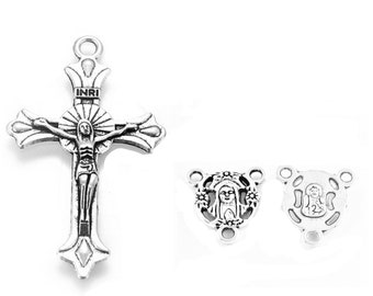 Rosary Kit =Cross and Center Virgin Rosary Connector 3 Links, Cross 37 x 22 mm, Center Rosary Three Roses 17 x 14 mm