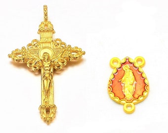 Cross + Center Rosary Connector Miraculous Virgin, Kits For Large Rosaries Color Gold and Red