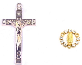 Cross + Center Rosary Virgin Connector Set with Transparent Rhinestones, Kits For Large Rosaries in Zinc Alloy Color Silver