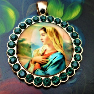 Large Virgin Mary Pendant Catholic Jewelry Gold Color Set with Emerald Crystal Rhinestones, Medal Pendants Cabochons 42 x 33 x 7 mm