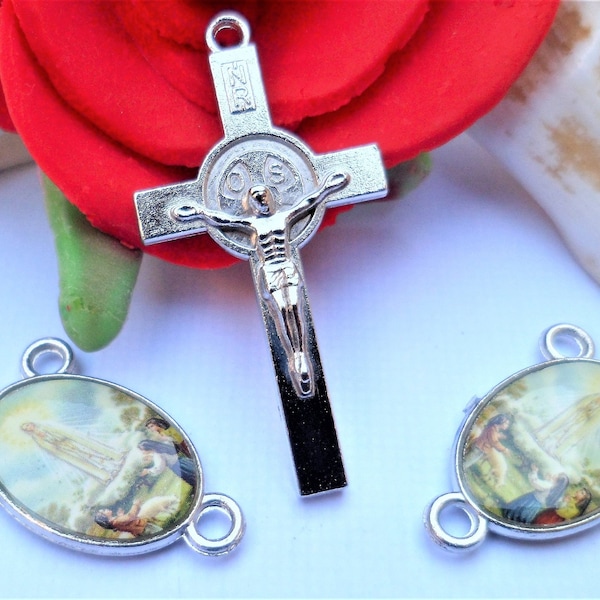 1 Kit Chapelet - Cruz - Centro de Doble Cara Virgen de Fátima 3 Pastores 23 x 16 mm Crucifijo 37 x 19 mm , Enlace 2 mm , Aleación de Zinc