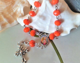 Chapelet Dizaine Orange,Médaille Double Face Différentes Sainte Famille ,Souvenir, Cadeau de Noel, Pacques