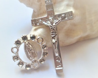 Cross + Rosary Center Blank Connector Set with Clear Rhinestones, Silver Color Zinc Alloy Large Rosary Kits