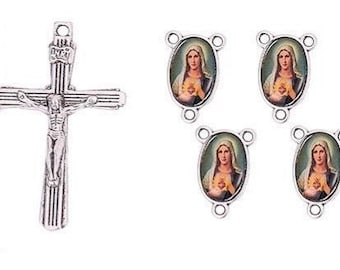 1 Rosary Kit = Cross + Rosary Center Virgin Heart of Mary Double Face 23 x 15 mm Crucifix 43 x 23 mm, Link 2 mm, Zinc alloy