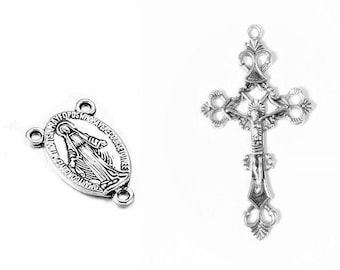 Rosary Kit Cross and Rosary Center Antique Silver Tibetan Style Rosary, Cross 42 x 25 mm, Connector 22 x 14 mm, Hole 1 mm