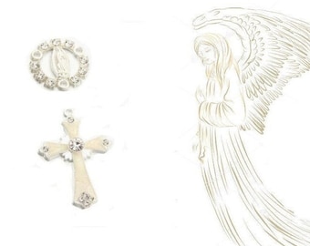 Cross + Center Rosary Connector Miraculous Virgin Silver Set with Rhinestones, Golden Rosary Sets