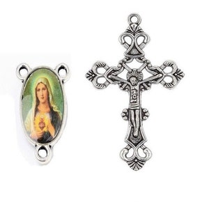 1 Chapelet Kit - Cross - Virgin Rosary Centre Heart of Mary Double Face 23 x 15 mm Crucifix 43 x 23 mm ,Link 2 mm , Zinc Alloy