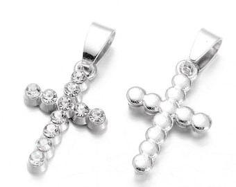 Pendant Cross With Strass Transparent Platinum Alloy 27 x 14.5 x 3 mm , Hole Passage Cordon 4 x 7 mm