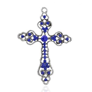 Croix Latin Serti de Cristaux Bleu Saphir 69 x 48 x 5 cm ,Trou 3 mm Alliage Style Tibétain Argent Antique image 2