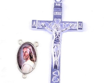 1 Rosary Kit = Cross + Jesus Rosary Center, Double Face 24 x 16 mm Crucifix 43 x 23 mm, Link 2 mm, Zinc Alloy