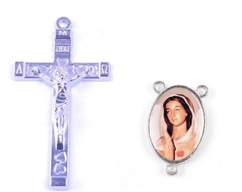 1 Rosary Kit = Cross + Rosary Center Virgin Rosa Mystica Double Face 24 x 16 mm Crucifix 43 x 23 mm, Link 2 mm, Zinc Alloy